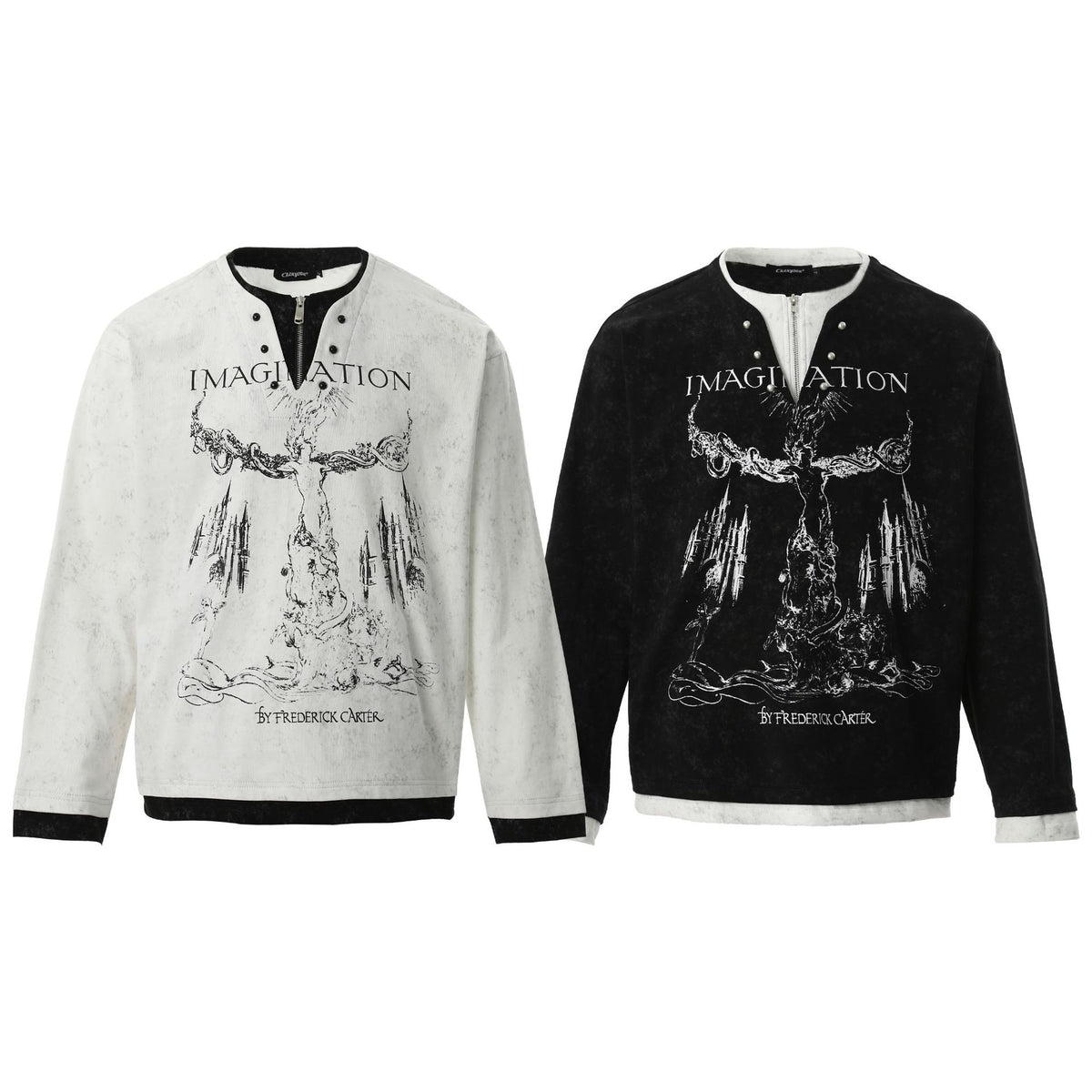 American Retro Punk Printed Pearl Buckle Fake Two-Piece Long Sleeve