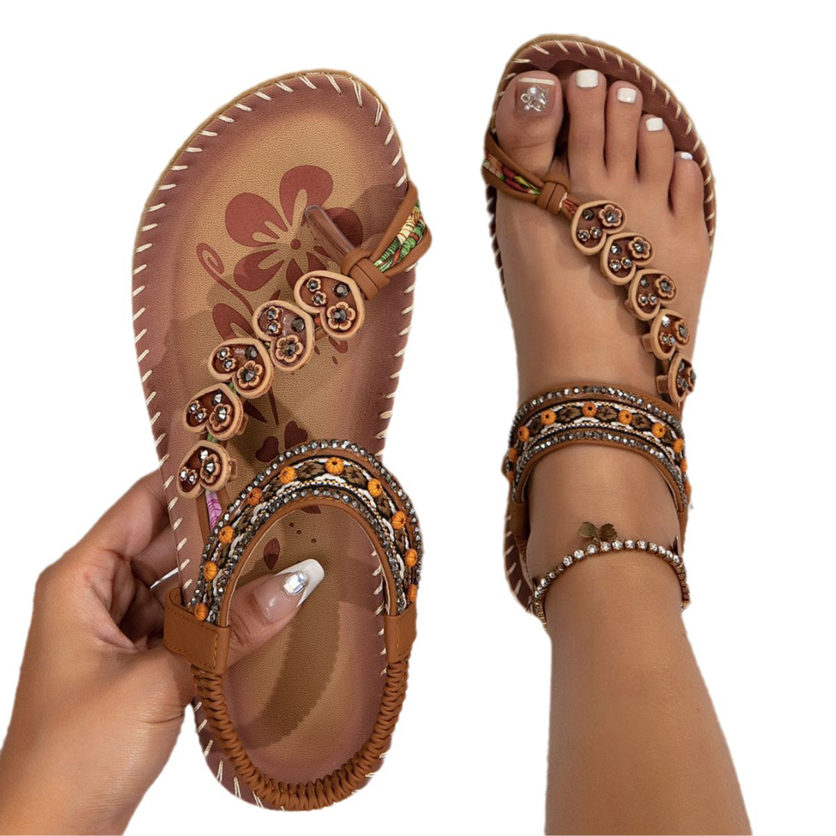 Bohemian Thong Sandals Summer Fashion Flowers Flat Beach Shoes For Women