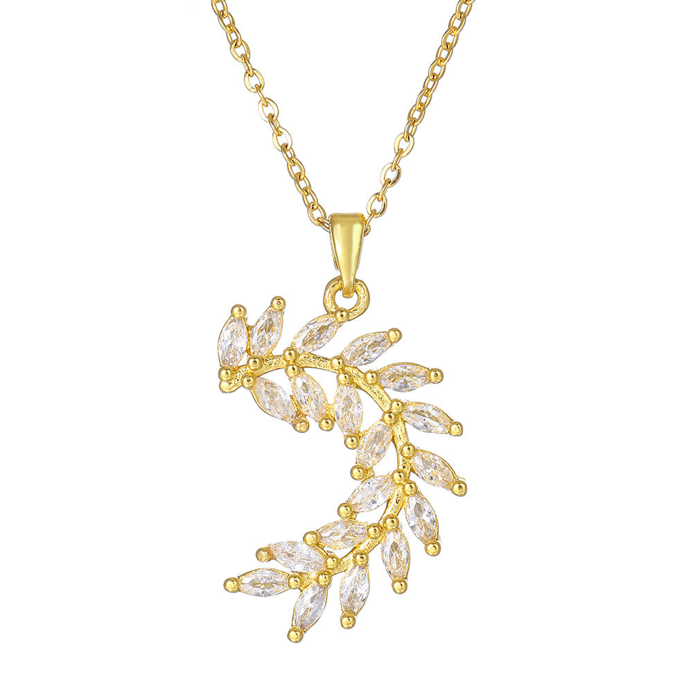 1pcsFashionable Sparkling Zircon Leaf Pendant Necklace, Imitation Diamond Wheat Ear Leaf Collarbone Chain, Suitable For Women's Daily Holiday Wear, Engagement Jewelry
