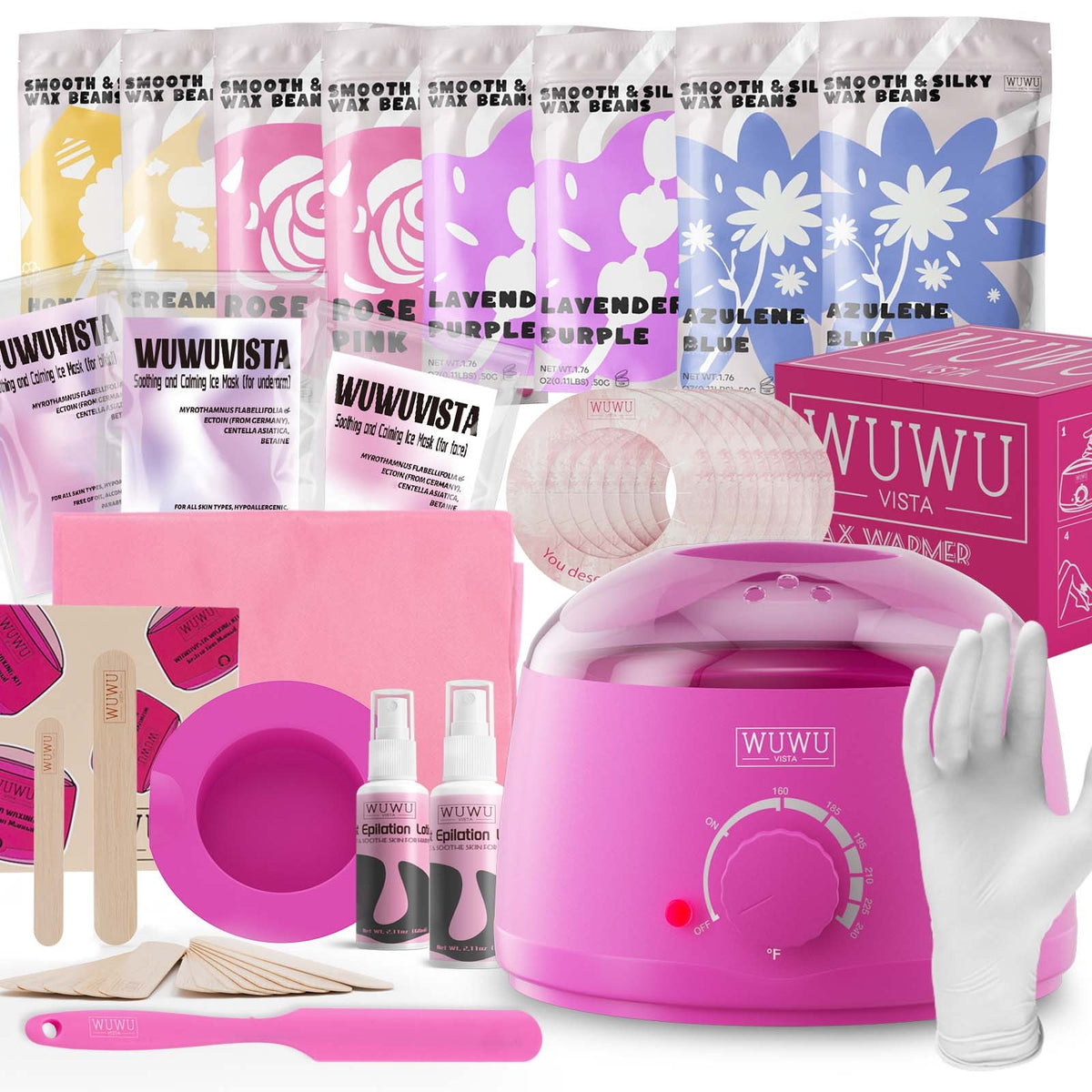 Waxing Kit WUWUVISTA 69 Items Hair Removal Wax Kit With Wax Warmer Waxing Beads For Face, Brazilian, Full Body, Bikini, Sensitiive Skin Skin Suitable For Plugs Of American, European Specification