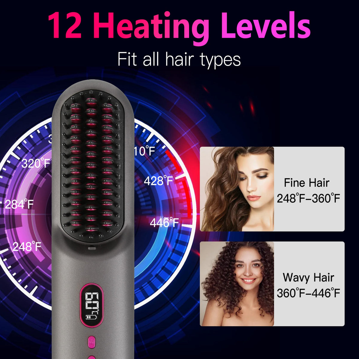 Grey-Black Options -- 1Pc Cordless Negative Ion Hair Straightener Brush Rechargeable Mini Styling Comb With 12 Heating Levels Anti-scald 30S Preheating 30Mins Auto Sleep LCD Display