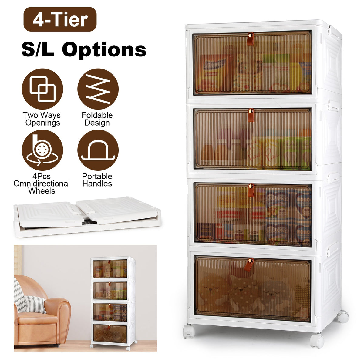4Pc Foldable Storage Bins With Lid Front Magnetic Door Collapsible Stackable Closet Organizer Containers With 4Pcs 360 Degree Rotatable Wheels