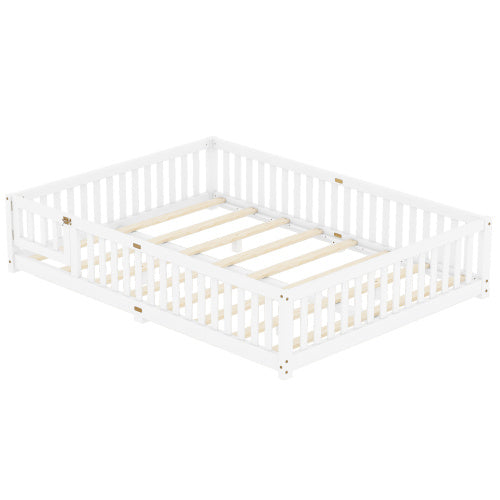 Queen Size Bed Floor Bed With Safety Guardrails And Door For Kids, White