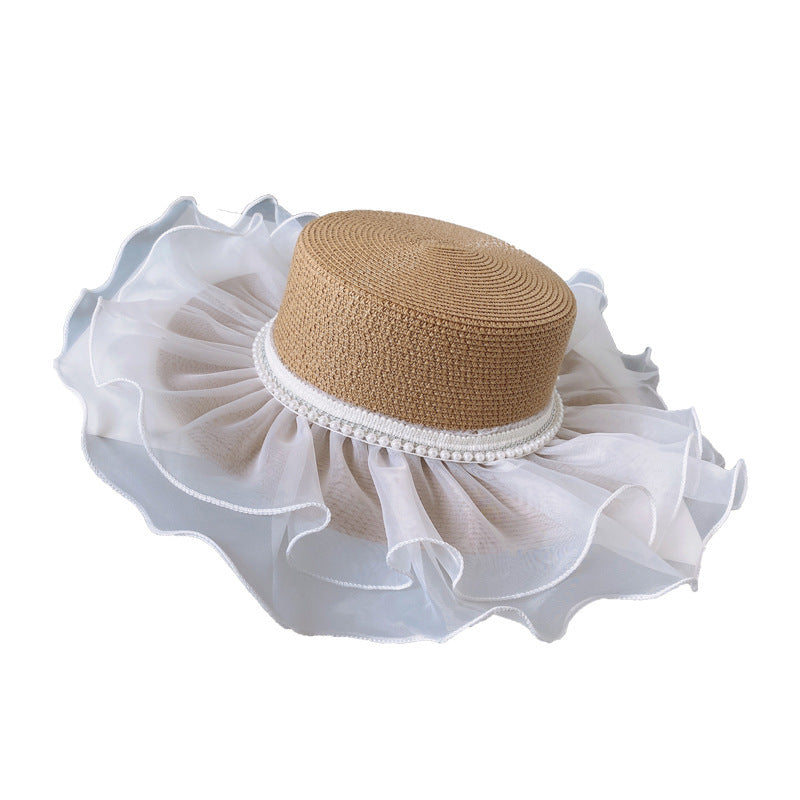 Lolita Style Flat Top Hat Women Summer Sunscreen Straw Hat