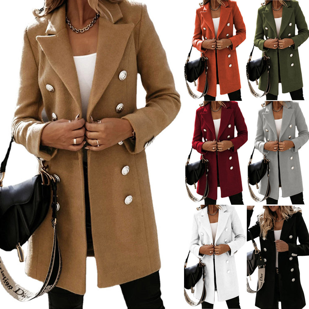 Fashion Turndown Collar Jacket For Women Autumn Winter Long-Sleeved Double-Breasted Woolen Coat