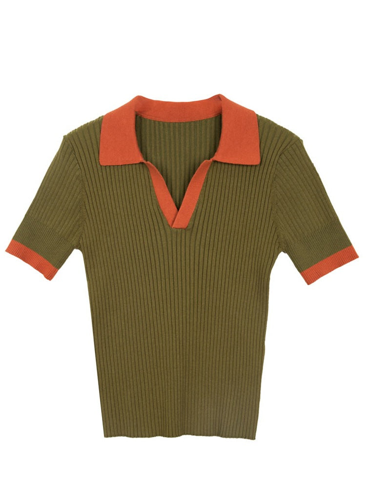 Contrast Color V Neck Short Sleeved Sweater