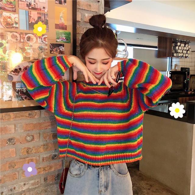 Women's Lazy Fashion Round Neck Rainbow Striped Pullover