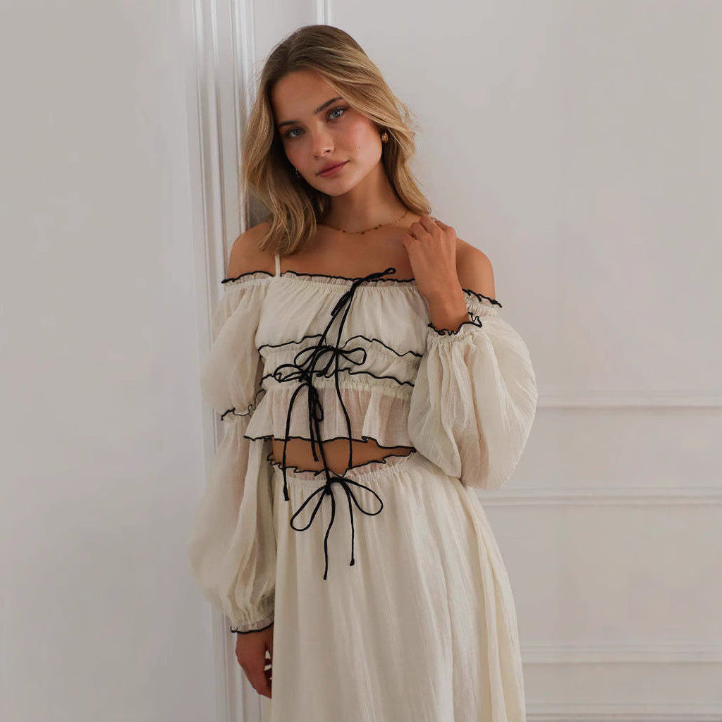Off-Neck Puff Sleeve Vacation Top Suit