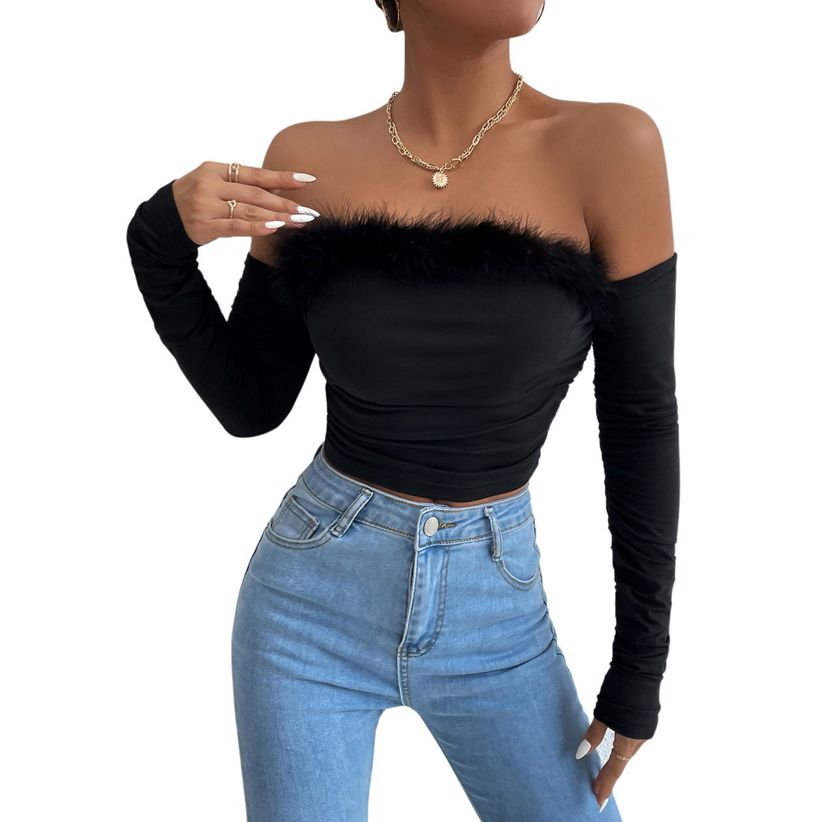 Vintage Hair-Neck, Long-Sleeved Top With A Strapless Neck And A Backless Shoulder
