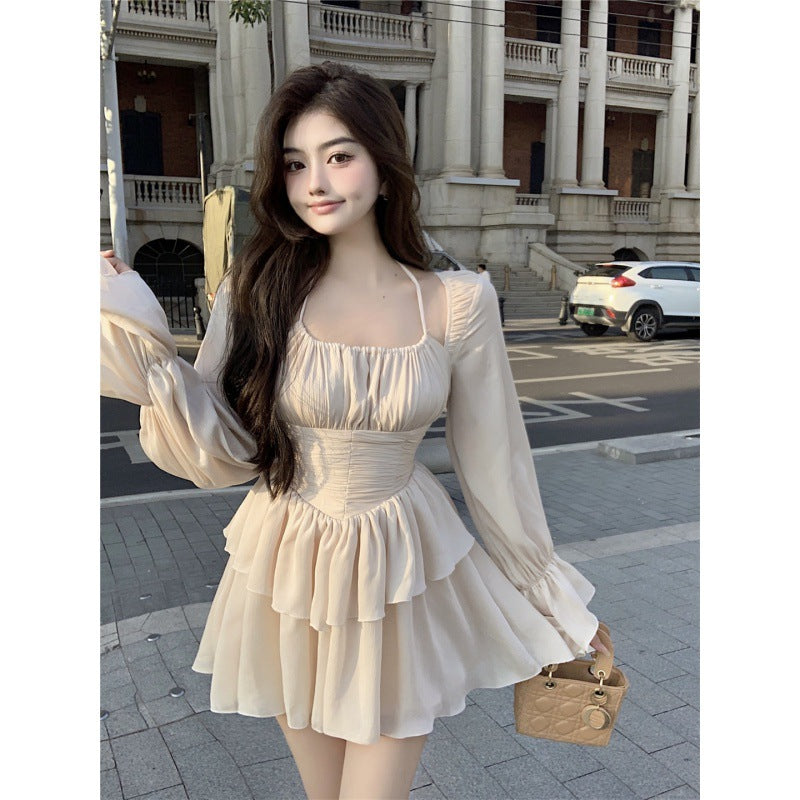 French Girls' Neckline Pleated Dress