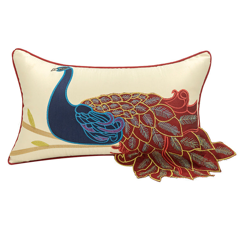 New Chinese Style Soft Furnishing Living Room Sofa Pillow With Long Tail Peacock Embroidery Embroidered Waist Pillowcase Bed Pillowcase