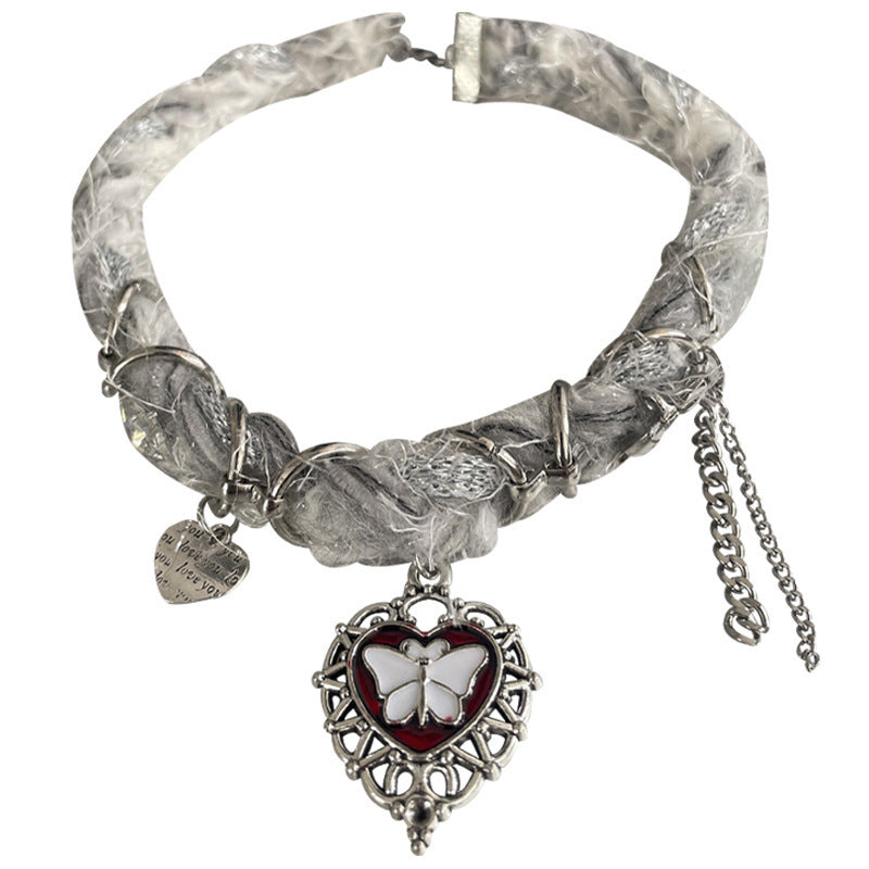 Heart Butterfly Tassel Plush Choker Necklace