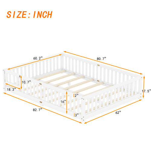 Queen Size Bed Floor Bed With Safety Guardrails And Door For Kids, White