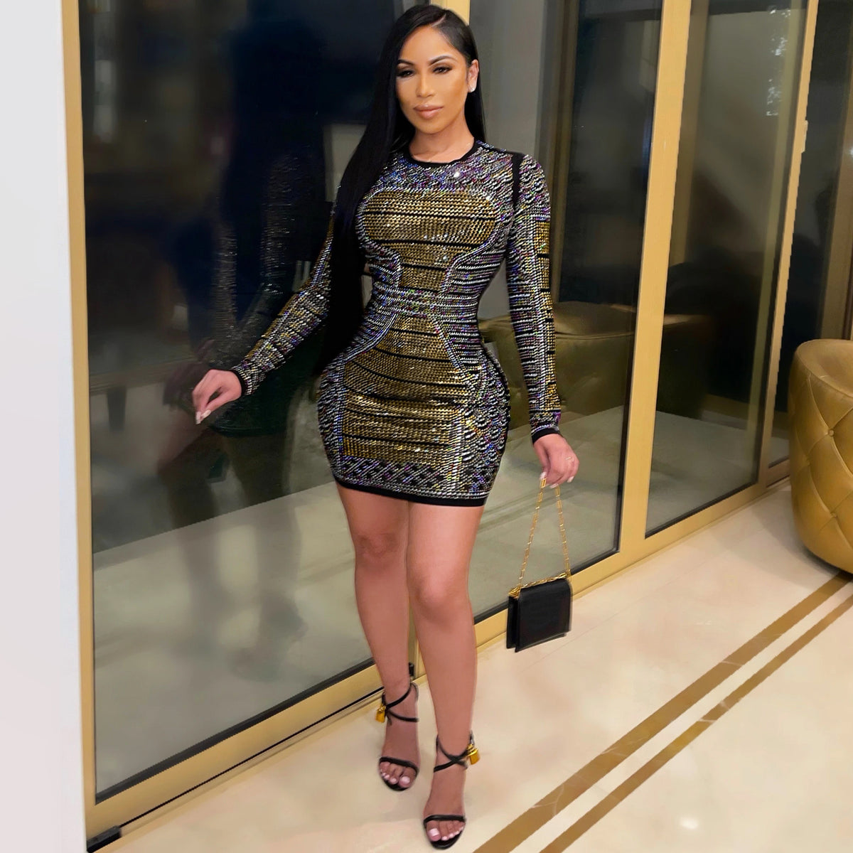 Colored Diamond Long-Sleeved Dress