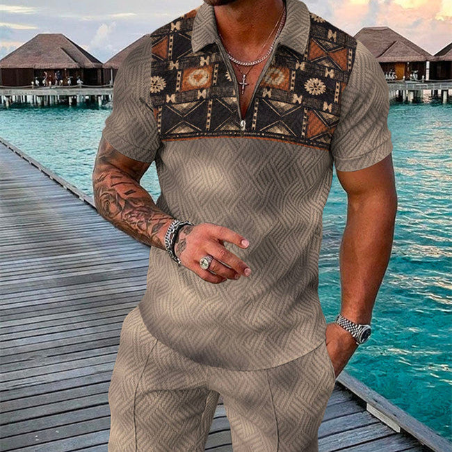 Men's Summer Fashion 3D Printed Short Sleeve Geometric Zip Lapel Shirt Set