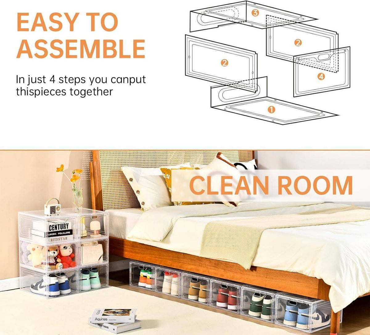 1-5x Shoe Box Storage Case Clear Boxes Foldable Stackable Transparent Organizer