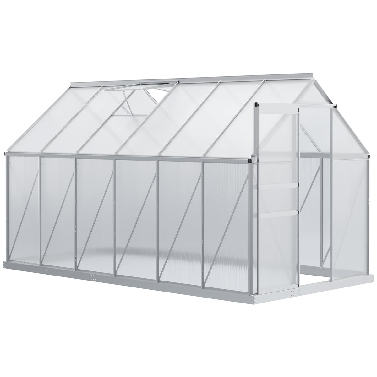 12' x 6' x 6.5' Polycarbonate Greenhouse with Aluminum Frame, Walk-in Heavy Duty Green House with Adjustable Roof Vent, Rain Gutter and Sliding Door for Winter, Silver