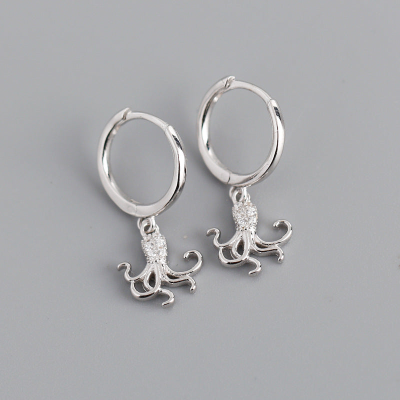 Fashion Diamond Zircon Octopus S925 Sterling Silver Stud Earrings