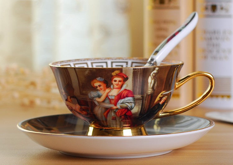 Creative Bone China Coffee Cup And Plate, Retro And Luxury