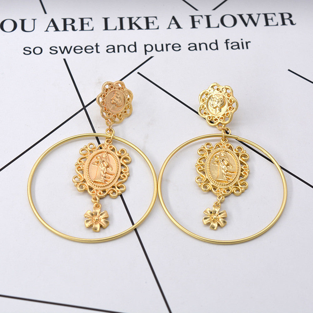 Baroque Head Coin Hoop Earrings Exaggerated