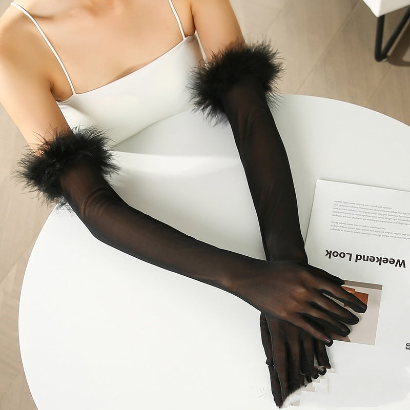 Sexy Black Silk Gloves 55CM Super Long Stretch Black Feather