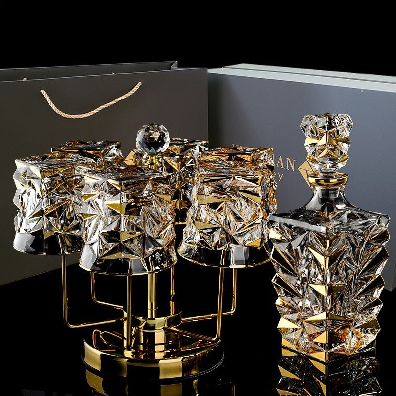 Luxury Gold Whiskey Shot Glass Wine Bottle Stainless Steel Rotating Cup Holder Gift Set Crystal Glass Wine Glass