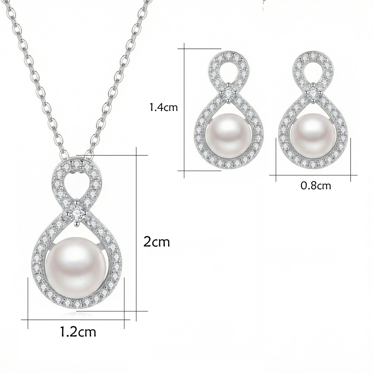925 Sterling Silver Elegant Sterling Silver Infinity Pearl Necklace and Earrings Jewelry Set