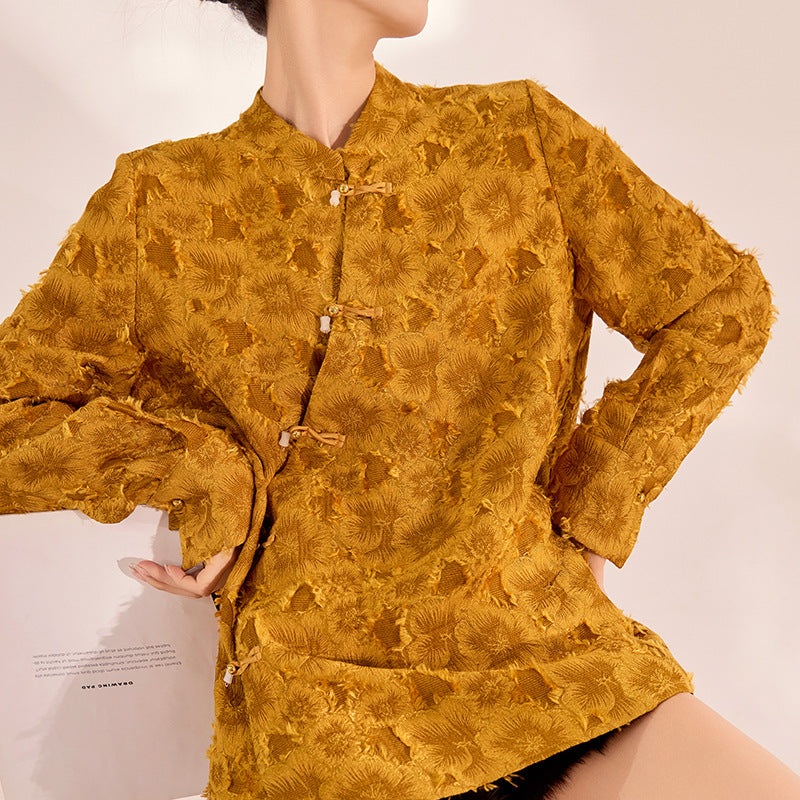 New Chinese Style Diagonal Buckle Design Sense Chinese Style Loose Show Temperament Shirt