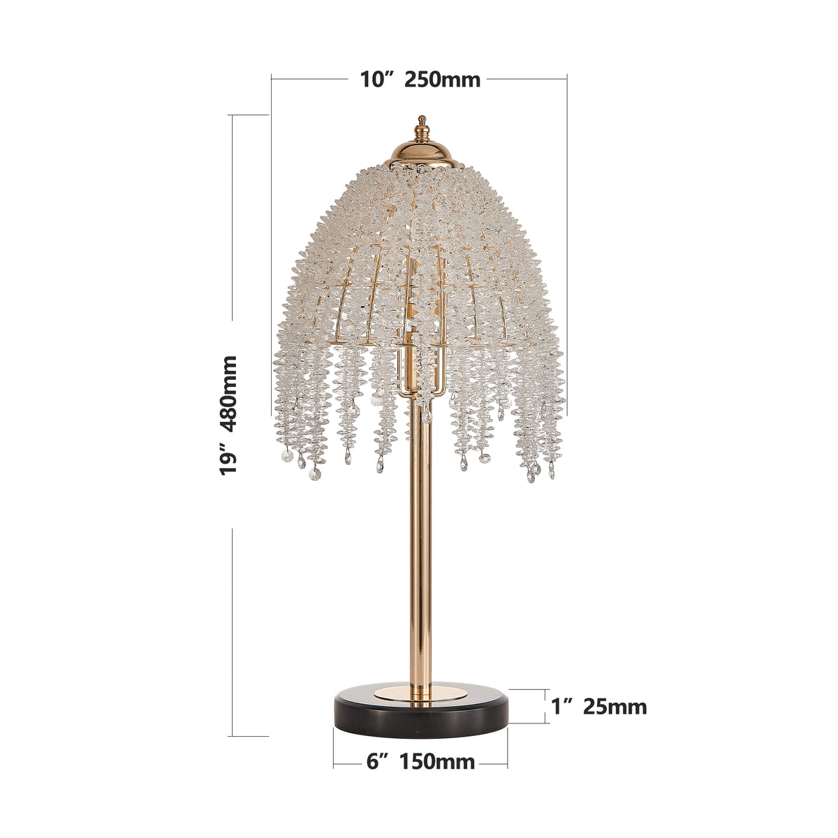 19inch H Elegant Crystal Table Lamp Vintage Waterfall Design With Crystal Bead String Shades And Marble Textured Base For Living Room, Bedroom, Or Office Bulb Not Included