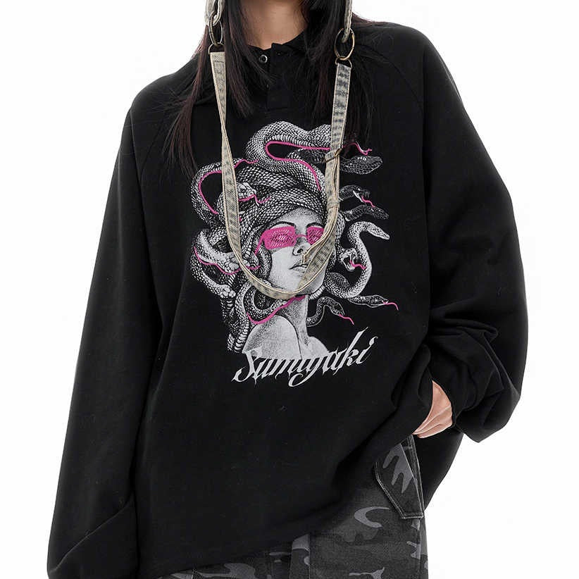 Knitted Medusa Snake Year Polo Long-Sleeved T-Shirt Top Autumn And Winter Black Primer Sweater