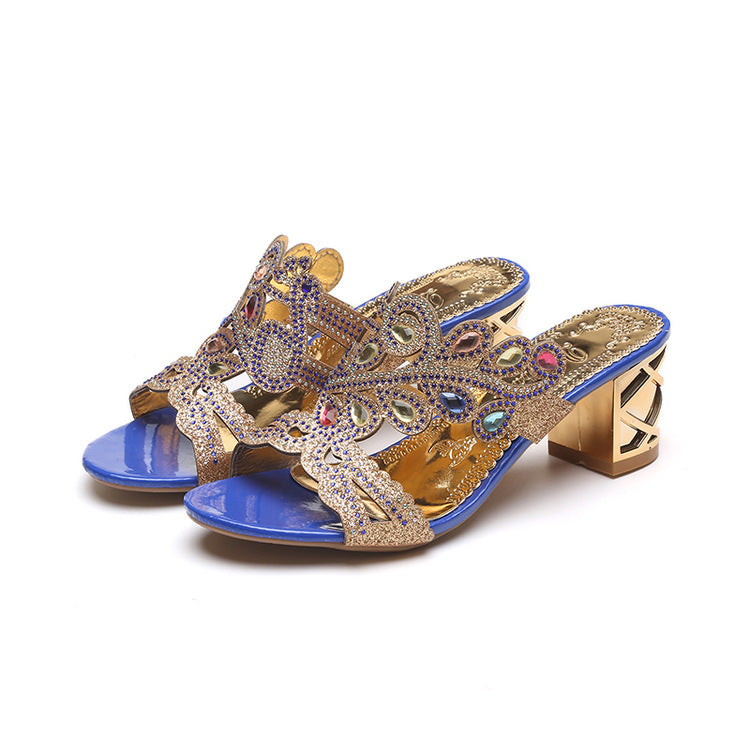 Summer Thick Heel Platform Fashion Printed Pearl Rhinestone Thin Sandals