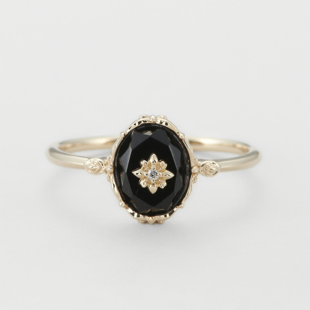 Natural Black Agate Flower Cut Ring