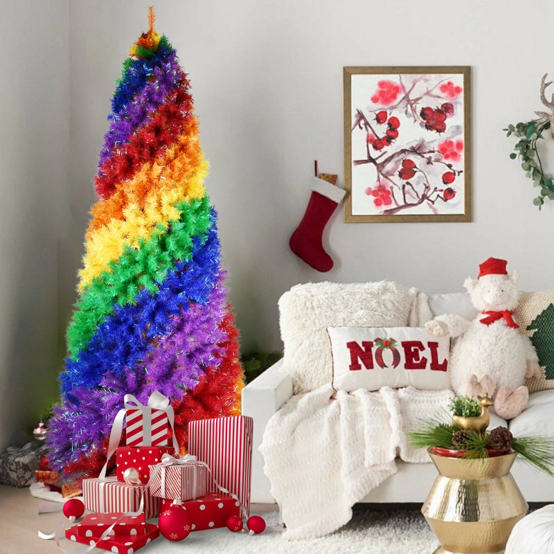 6FT 7.5FT Artificial Colorful Rainbow Christmas Tree, Hinged Xmas Tree With PVC Branch Tips
