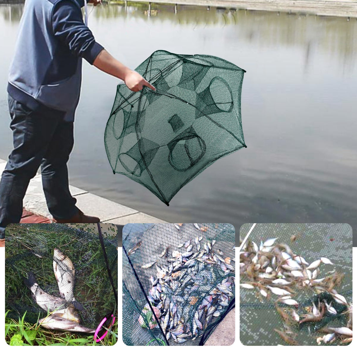 Fishing Trap Net Portable Folded Fishing Bait Trap Shrimp Minnow Crab Bait Net 6 Sides 6 Holes Crayfish Cast Mesh Trap Automatic