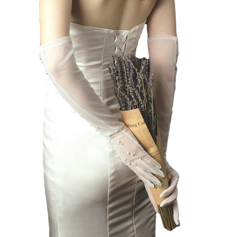 Bride Gloves White Wedding Dress Pearl Mesh