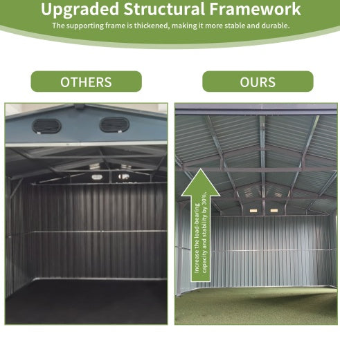 Spacious Outdoor Storage Shed This 13 20FT Outdoor Storage Shed Offers A Generous 250 Square Feet Of Floor Space, Perfect For Storing Trucks, Cars, Large Tools, And Lawn Equipment. With Double Front