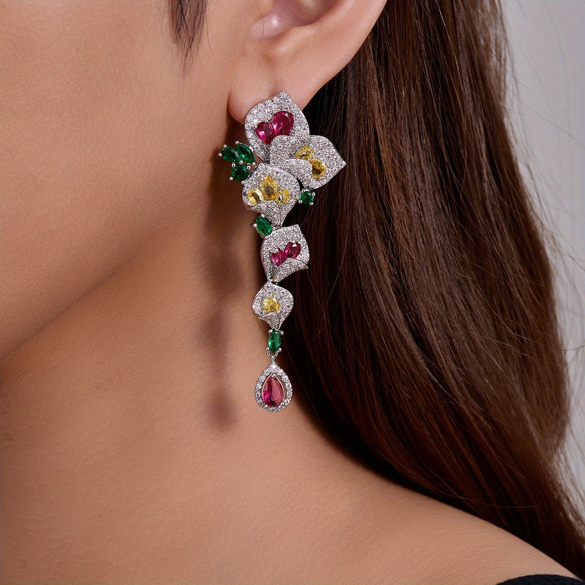 1 Pair Gorgeous Long Dangle Flower Earrings, Cubic Zirconia Earrings For Women, Fashion Party Prom Dress Jewelry, Birthday Holiday Gift