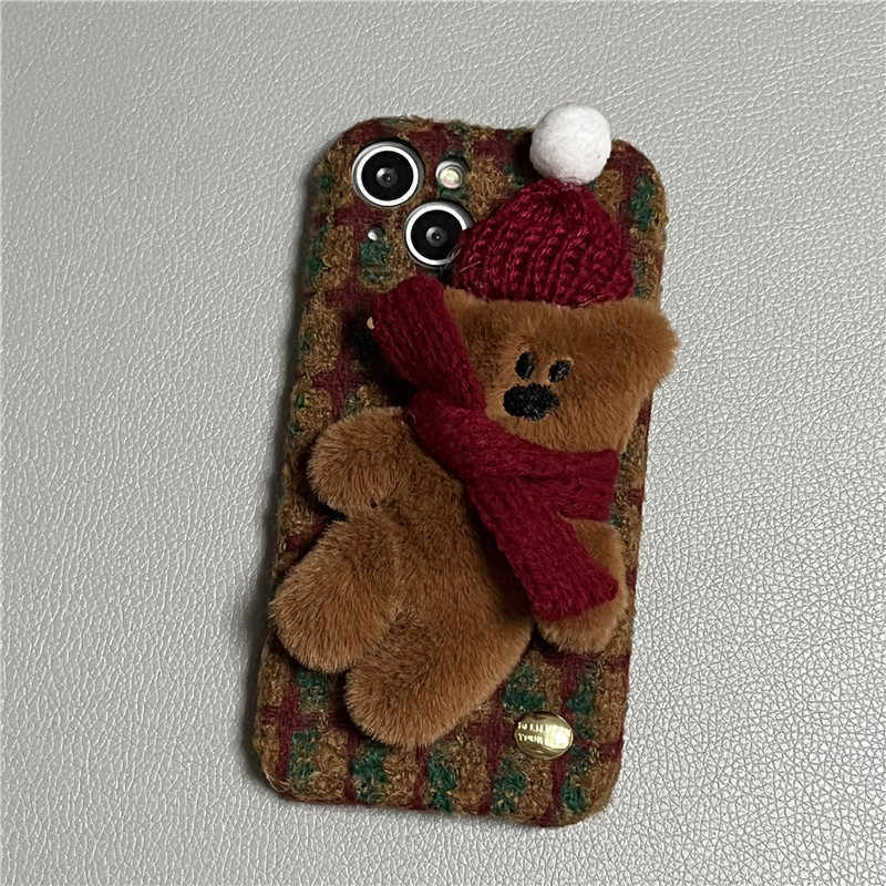 Autumn Winter Red Plush Plaid Hat Bear Drop-resistant Protection Mobile Phone Shell