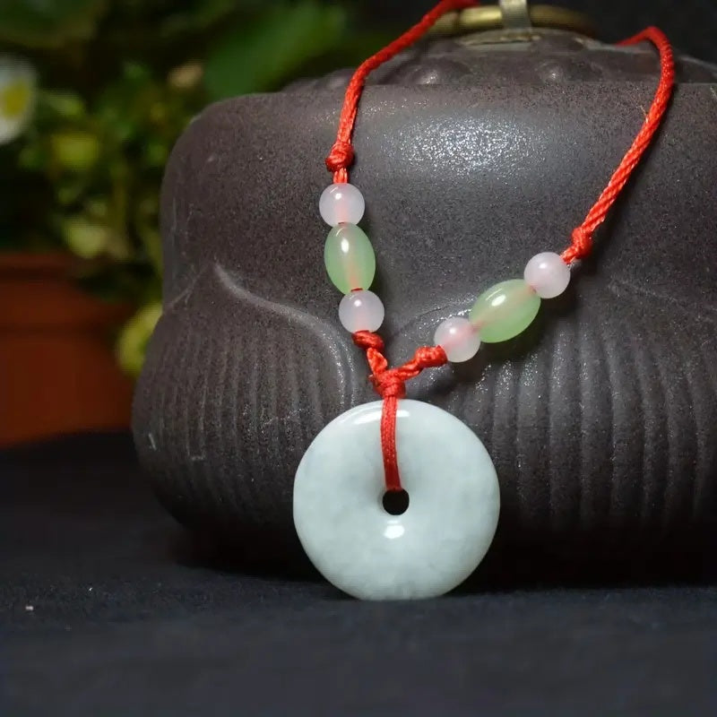 Peace Donut Healing Crystal Jadeite,Circle Coin Shaped Stone Pendant Adjustable Braided Cord Necklace For Inner Peace