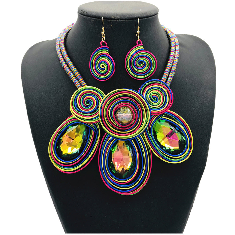 Aluminum Wire Magic Color Glass Exaggerated Choker Set