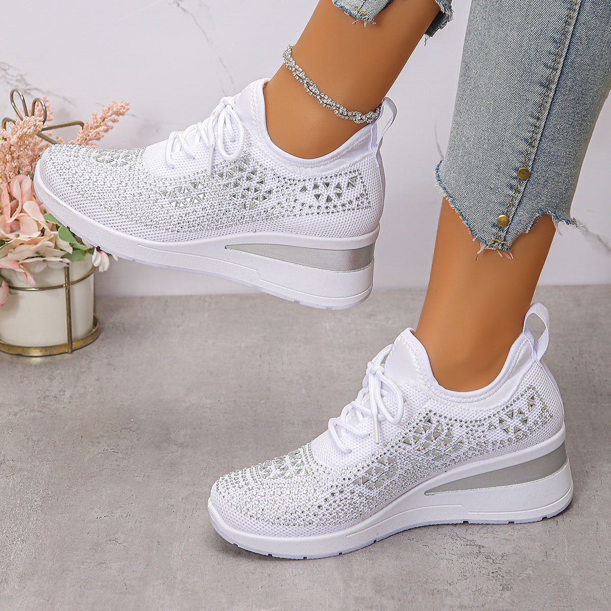 Ins Rhinestone Sneakers Fashion Lace Up Wedges Casual Shoes Women's Daily Commuting Sports Shoes
