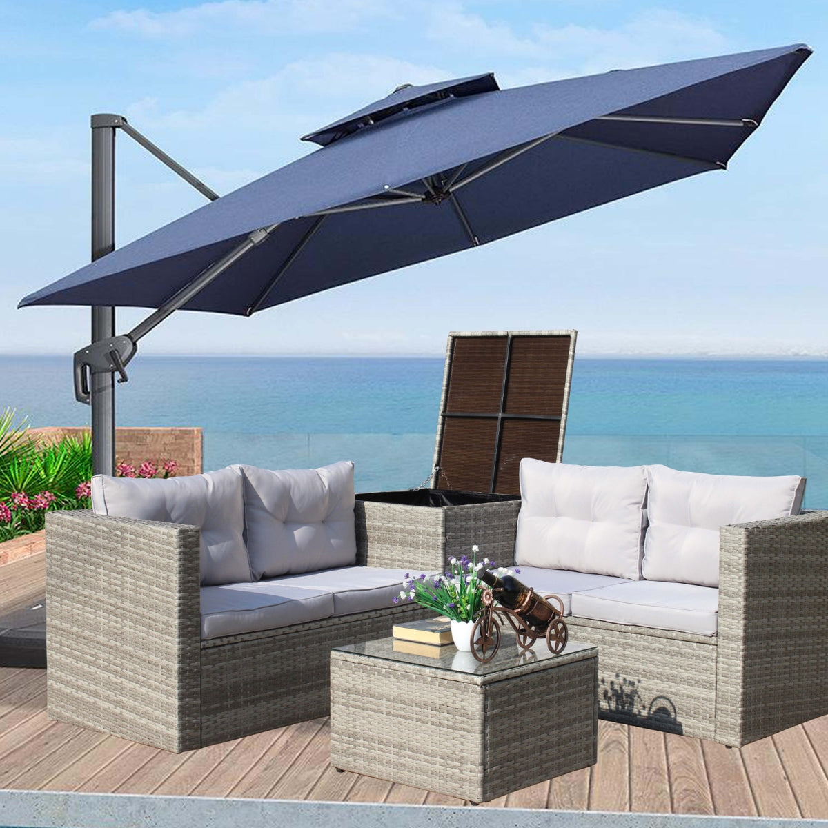 4Pc Patio Sectional Wicker Rattan Sofa Set W Storage Box Grey