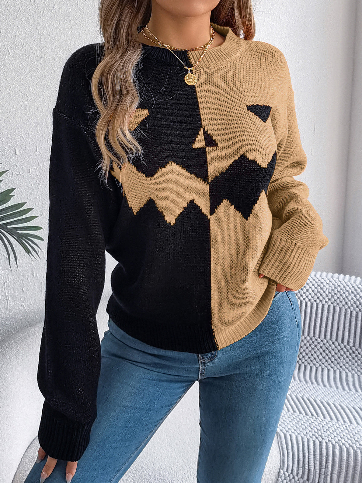 Halloween Contrast-Color Pullover Sweater Fashion Long Sleeve Knitted Tops For Womens Clothing