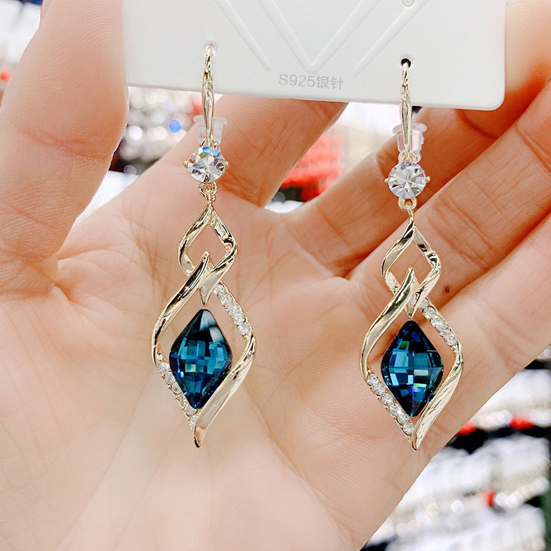 Geometric Diamond Crystal Temperament Long Style Diamond Fashion Mesh Red Earrings