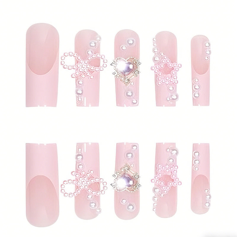 24 PCS Bowbowknot Nail Art, Long Length Long Water Pipe Fake Nails,Square Head Nail Tips False Nail