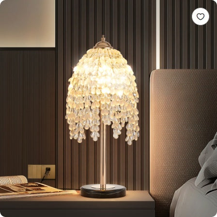 19 Inch Height Elegant Crystal Table Lamp   Vintage Waterfall Design With Teardrop Grape Crystal Bead String Shades And Marble Textured Base For Living Room, Bedroom, Or Office  Bulb Not Included