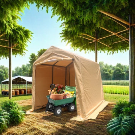 7x12ft Outdoor Portable Gazebo Storage Shelter Shed With 2 Roll Up Zipper Doors & Vents Carport For Motorcycle Waterproof And UV Resistant Anti-Snow Portable Garage Kit Tent, Sand