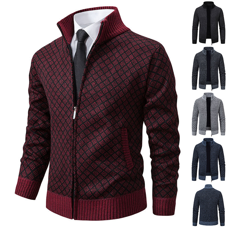 Thickened Plaid Print Jacket Cardigan Fashion Slim Fit Zipper Stand Collar Sweater Winter Men's Casual Long Sleeve Knitted Top Clothing