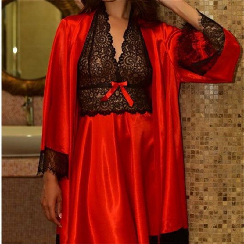 Women's Fashion Lace Edge Transparent Bathrobe Set