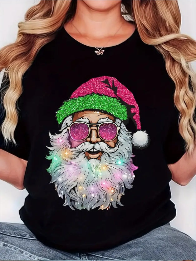 Women's Festive Santa Claus Graphic Tee - Comfy, Crew Neck, Short Sleeve Casual Shirt For Christmas & Casual Attire